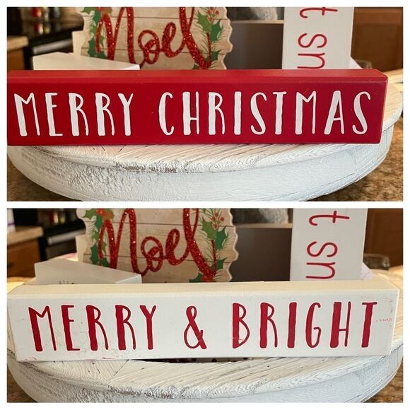 MERRY CHRISTMAS, MERRY & BRIGHT WOODEN TIER TRAY HOLIDAY DECOR - Picture 1 of 3